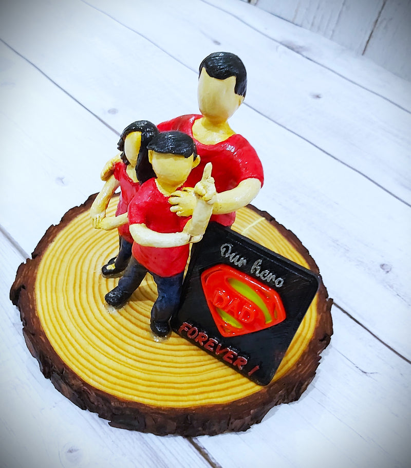 Custom Family Sculpture – “Our Hero Dad” Handcrafted Figurine on Wooden Base