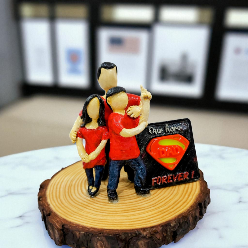 Custom Family Sculpture – “Our Hero Dad” Handcrafted Figurine on Wooden Base