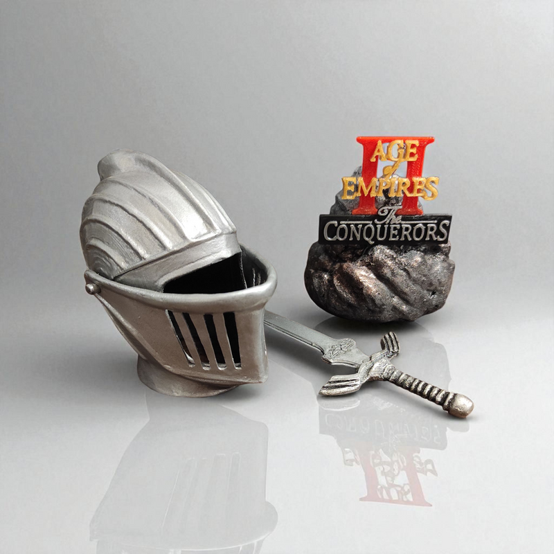 Age of Empires II Tribute Set – 3D Printed Helmet, Sword & Game Logo Display