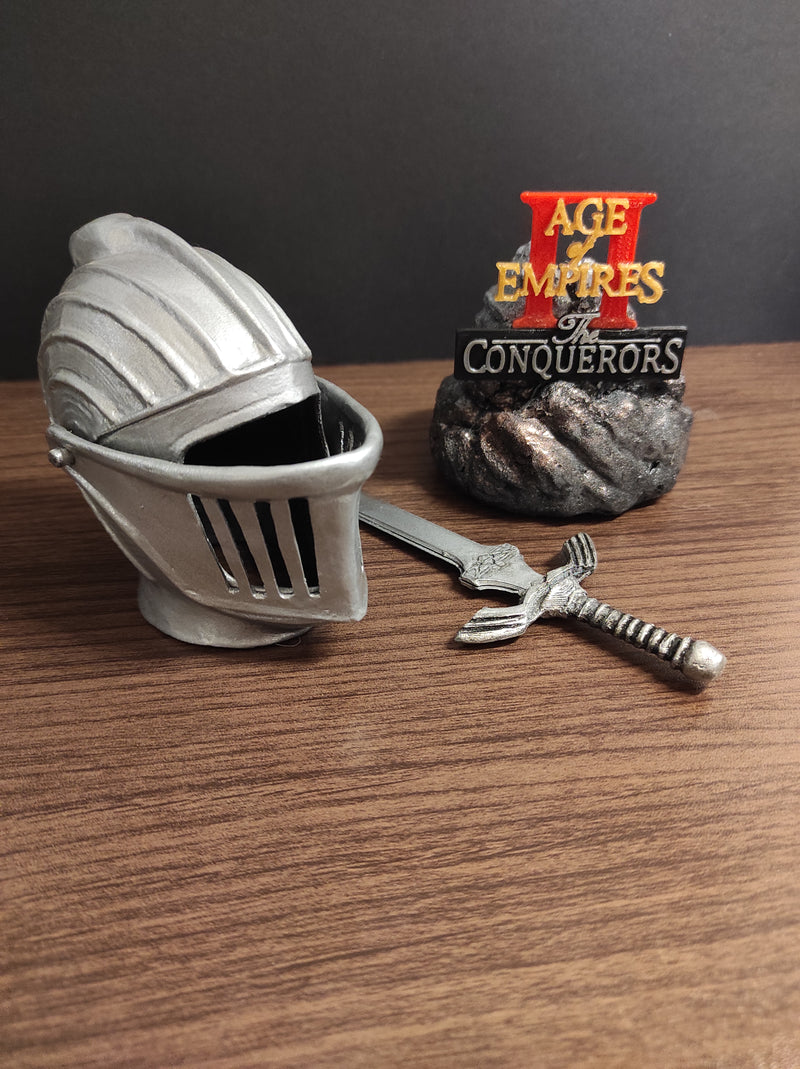 Age of Empires II Tribute Set – 3D Printed Helmet, Sword & Game Logo Display