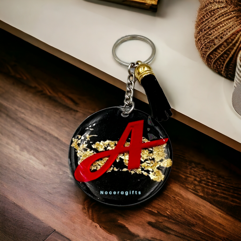 Custom Resin Alphabet Keychain – Gold Leaf Accent & Tassel Charm