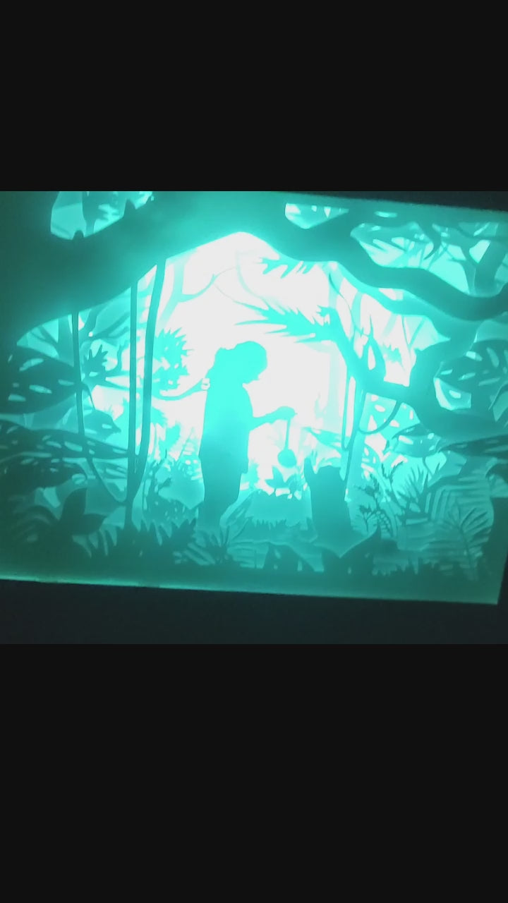 Custom Paper Cut Shadow Box – Multicolor LED Frame with Silhouette Art