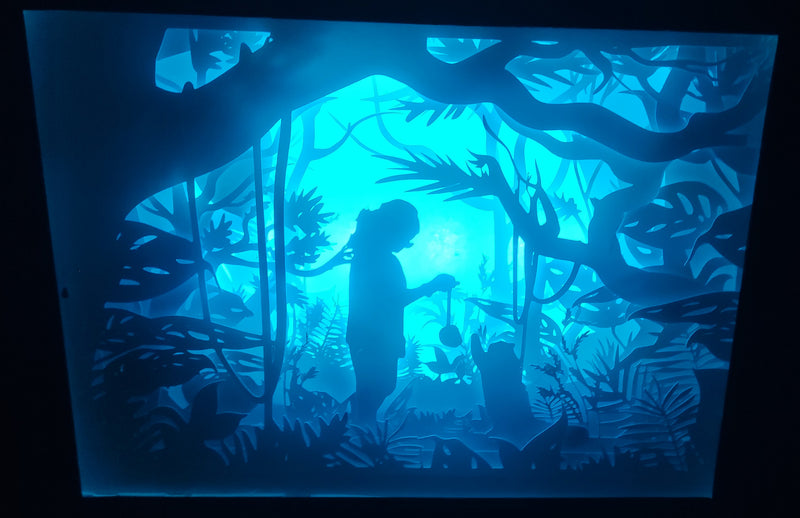 Custom Paper Cut Shadow Box – Multicolor LED Frame with Silhouette Art