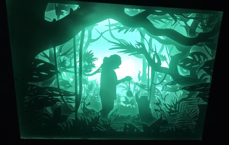 Custom Paper Cut Shadow Box – Multicolor LED Frame with Silhouette Art
